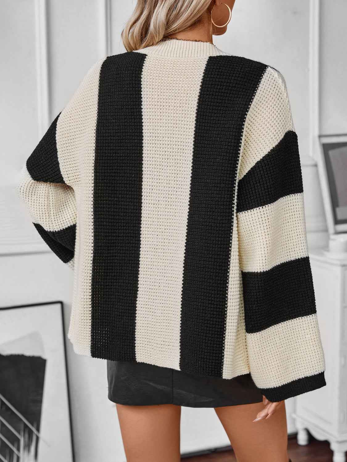 Waffle-Knit V-Neck Striped Long Sleeve Cardigan - Damned Threads