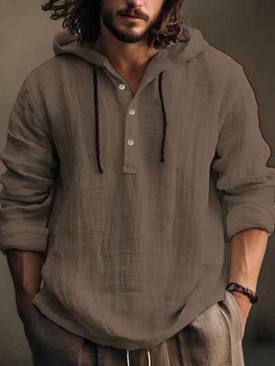 Men's Full Size Half Button Long Sleeve Hoodie - Damned Threads