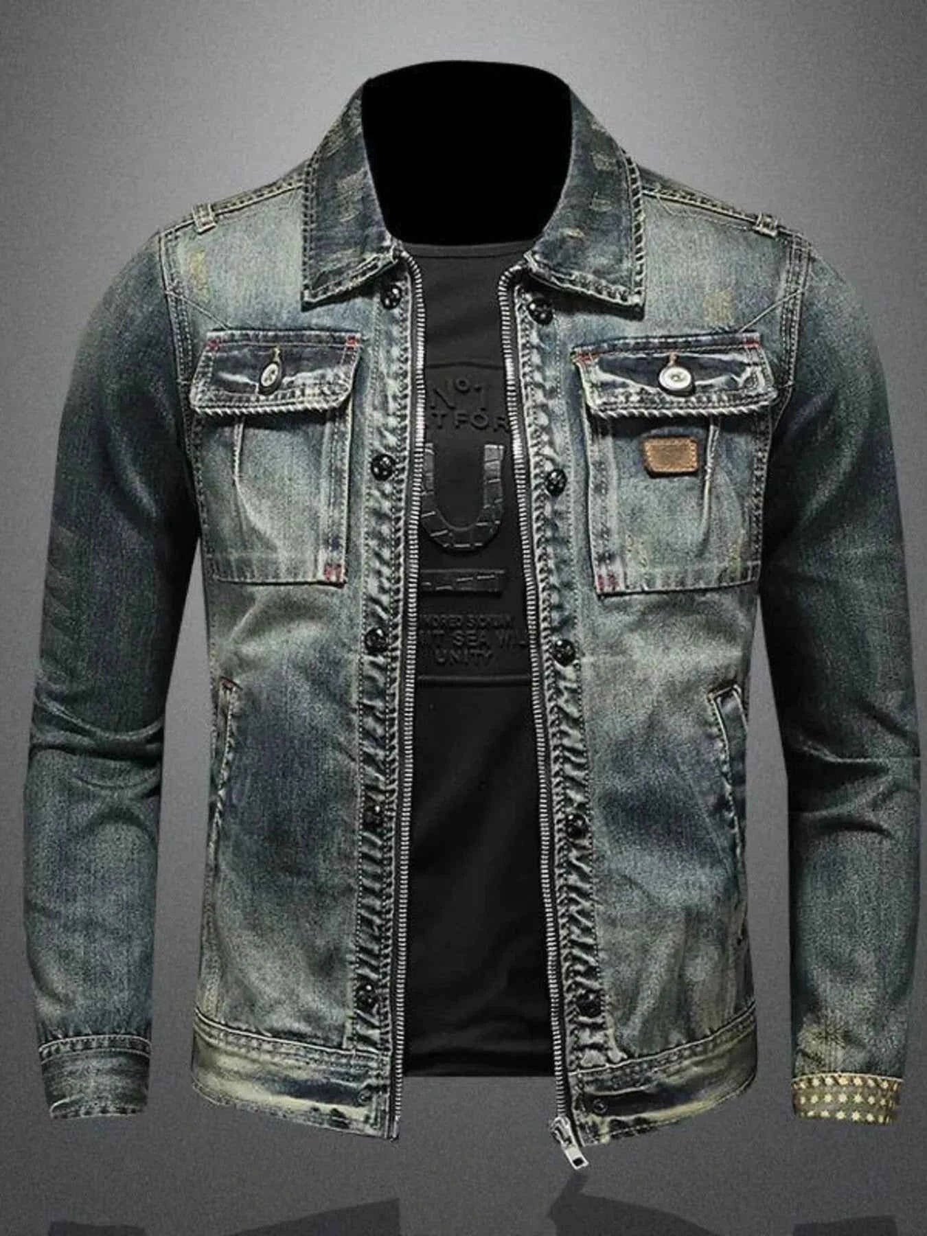 Men's Plus Size Vintage Washed Zip Up Denim Jacket