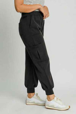 Umgee Full Size Mineral Washed Elastic Waist Cargo Pants Plus Size - Damned Threads