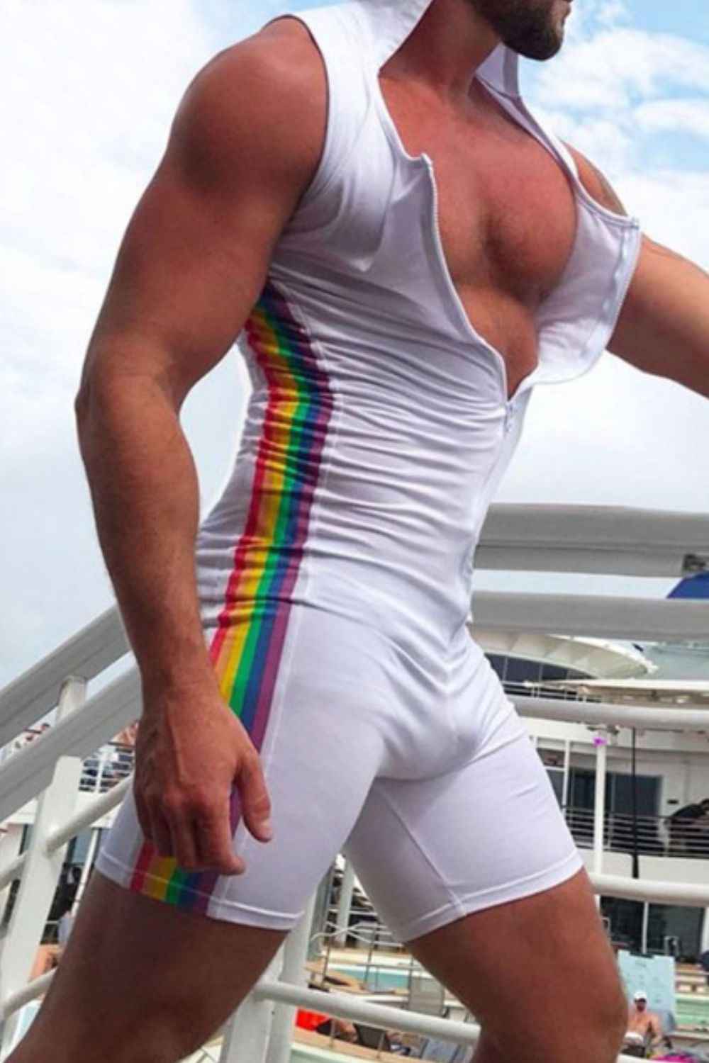 Men's Full Size Contrast Zip Front Sleeveless Active Romper Plus Size - Damned Threads