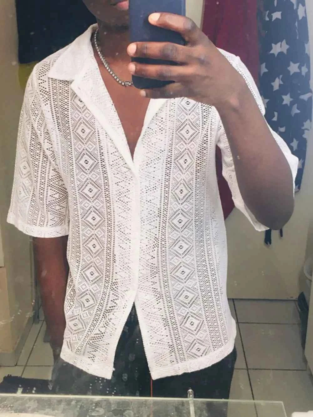 Men's Full Size Lace Half Sleeve Button Down Shirt Plus Size - Damned Threads