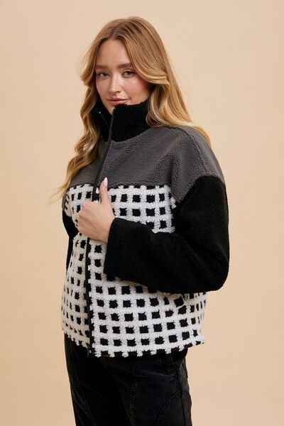 Annie Wear Plaid Zip Up Drop Shoulder Sherpa Jacket - Damned Threads