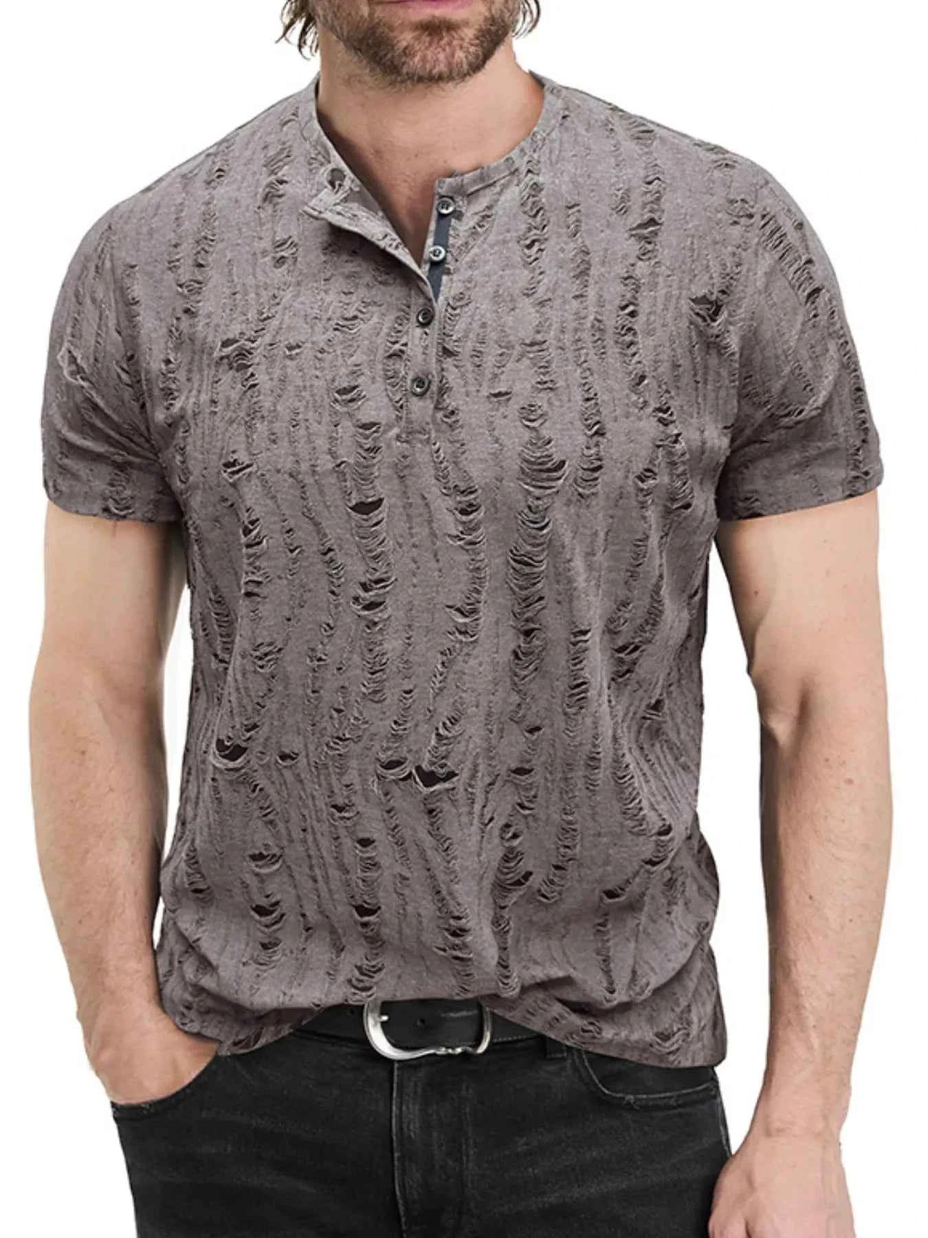 Men's Distressed Henley Short Sleeve Top