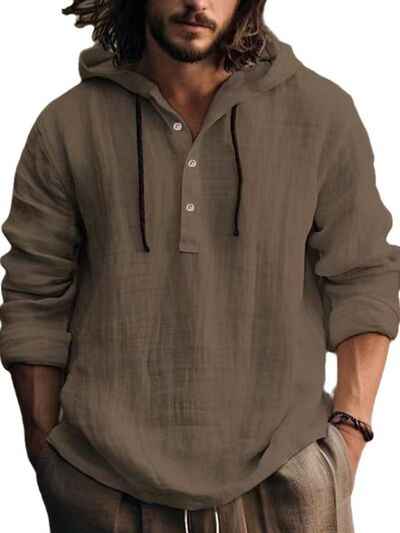 Men's Full Size Half Button Long Sleeve Hoodie - Damned Threads