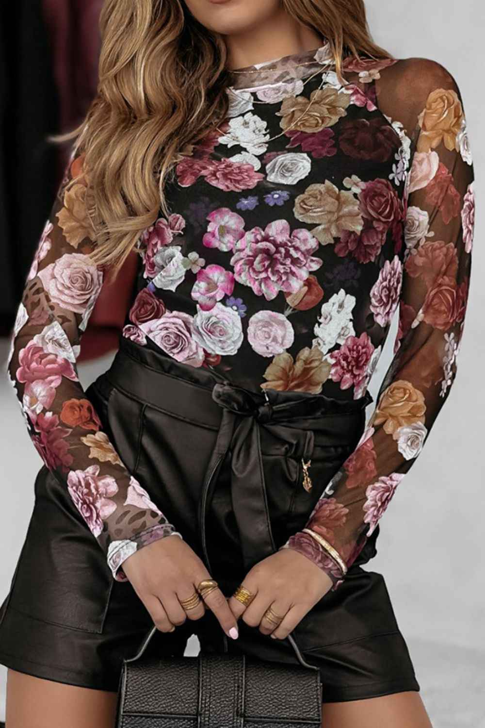 Floral Mock Neck Long Sleeve Mesh Top - Damned Threads