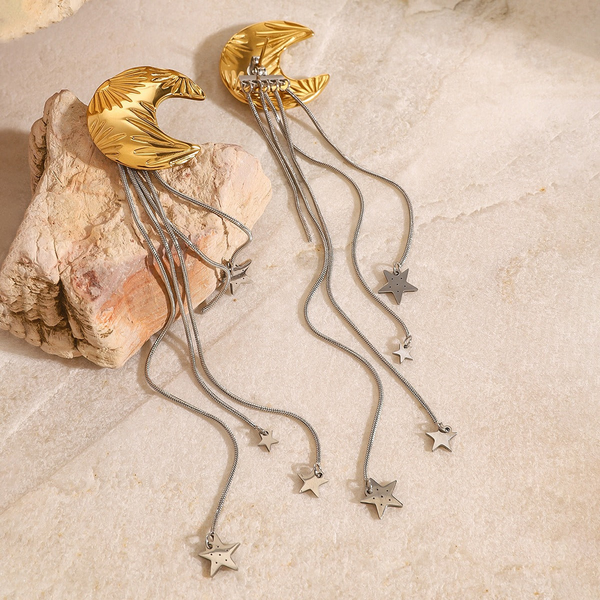 18K Gold Moon & Star Earrings With Star Tassels - Damned Threads