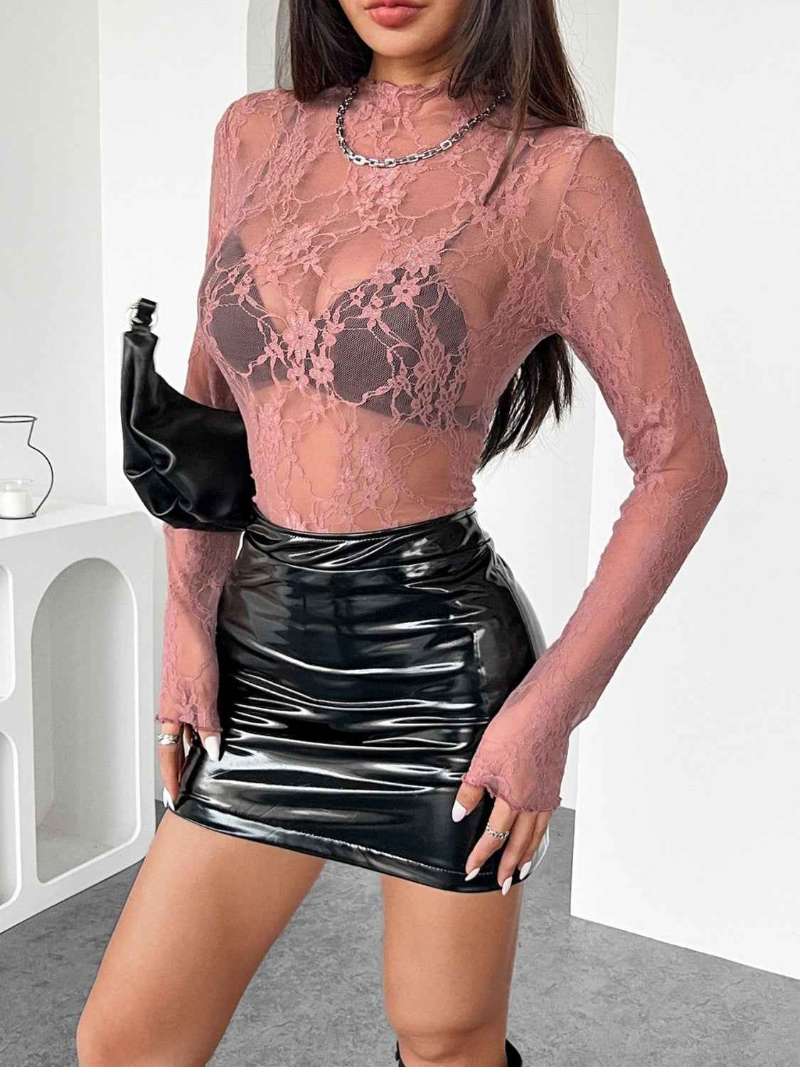 Mock Neck Long Sleeve Sheer Lace Top - Damned Threads