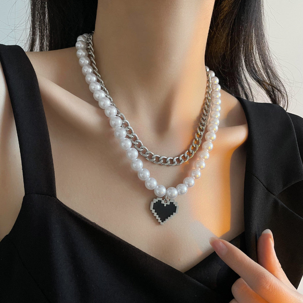 Double-Layer Chain & Pearl Heart Pendant Necklace - Damned Threads