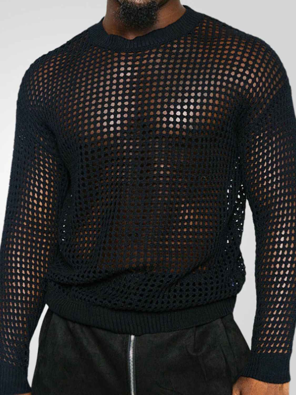 Men's Full Size Fishnet Round Neck Long Sleeve Top Plus Size - Damned Threads