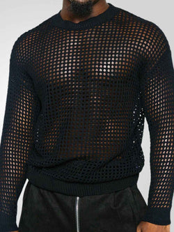 Men's Full Size Fishnet Round Neck Long Sleeve Top Plus Size - Damned Threads