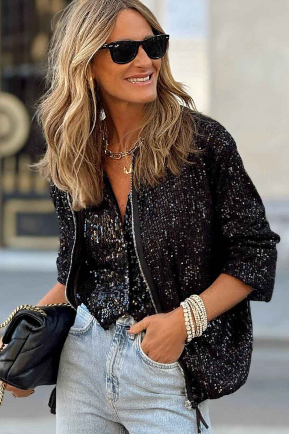 Sequin Zip Up Long Sleeve Jacket - Damned Threads