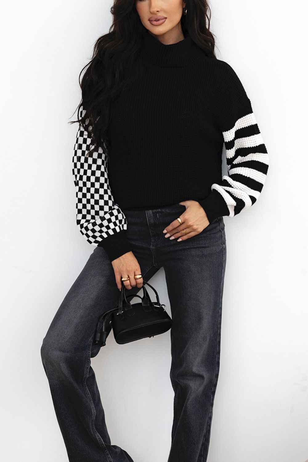 Striped & Checkered Turtleneck Dropped Shoulder Sweater - Damned Threads