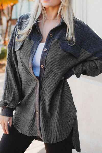 Waffle Knit Button Up Drop Shoulder Jacket - Damned Threads