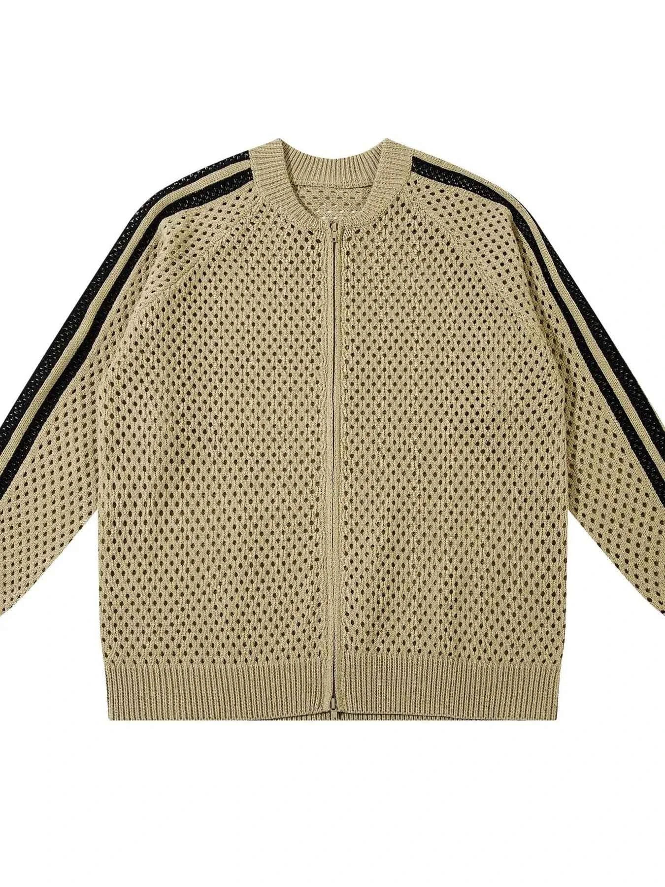 Men's Mesh Knit Zip-Up Cardigan with Stripe Detail