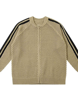 Men's Mesh Knit Zip-Up Cardigan with Stripe Detail