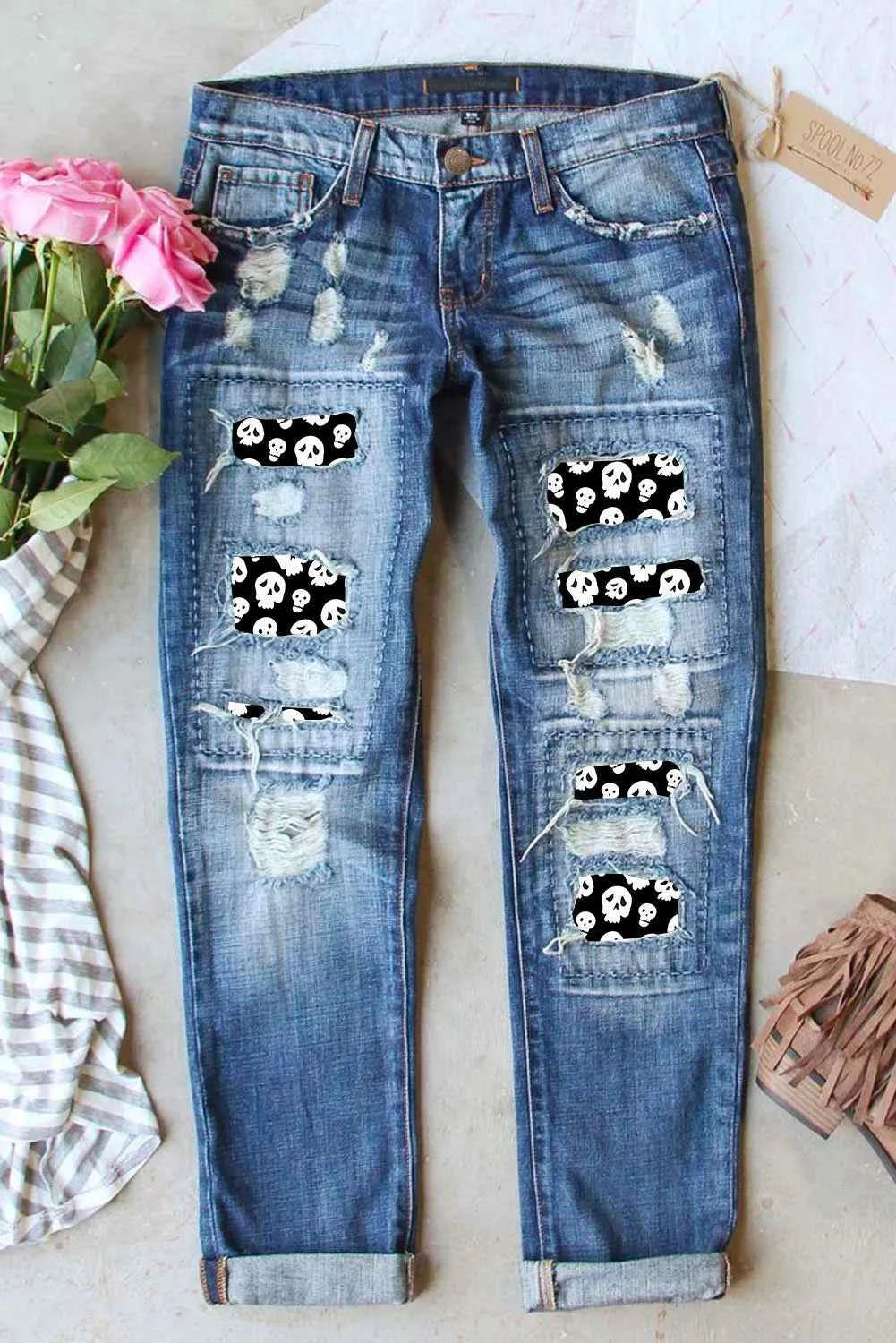 Distressed Skeleton Pattern Jeans with Pockets - Damned Threads