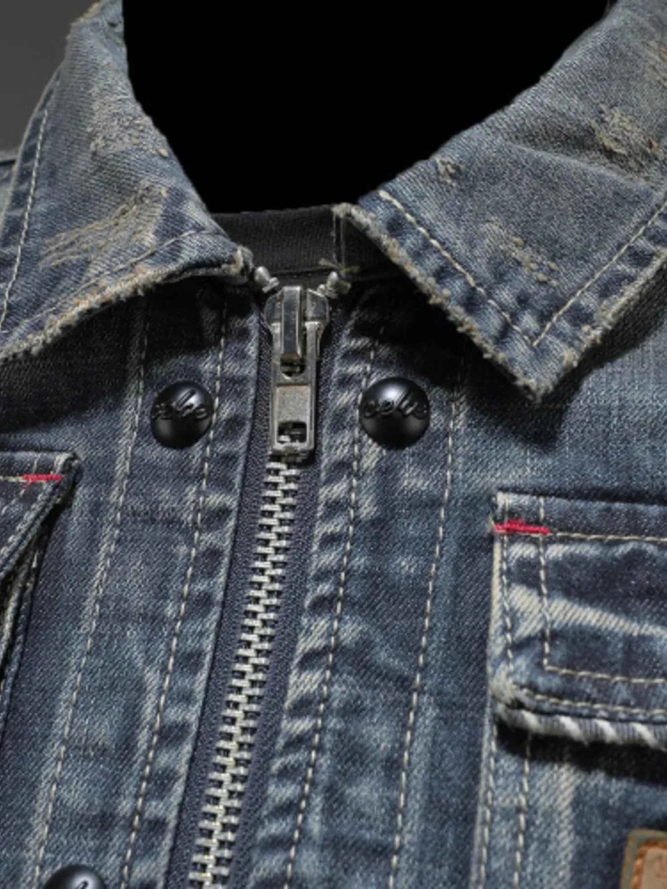 Men's Plus Size Washed Zip Up Denim Jacket with Chest Pockets