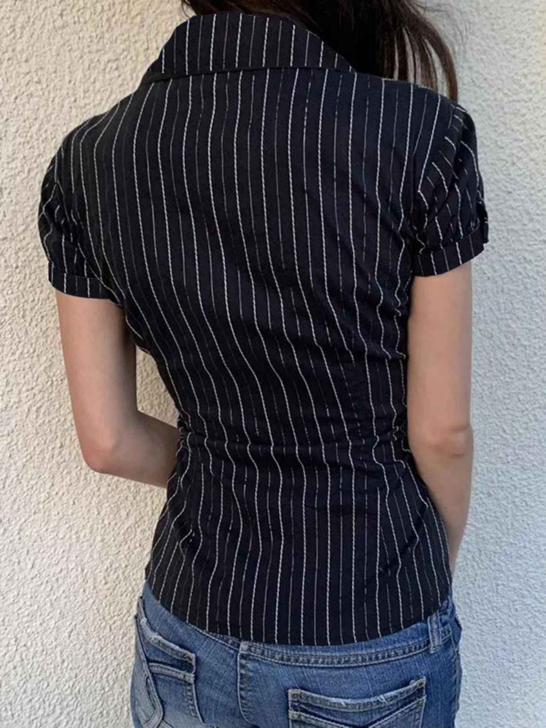 Devine Button Down Striped Collared Neck Short Sleeve Shirt - Damned Threads