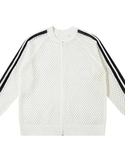 Men's Mesh Knit Zip-Up Cardigan with Stripe Detail