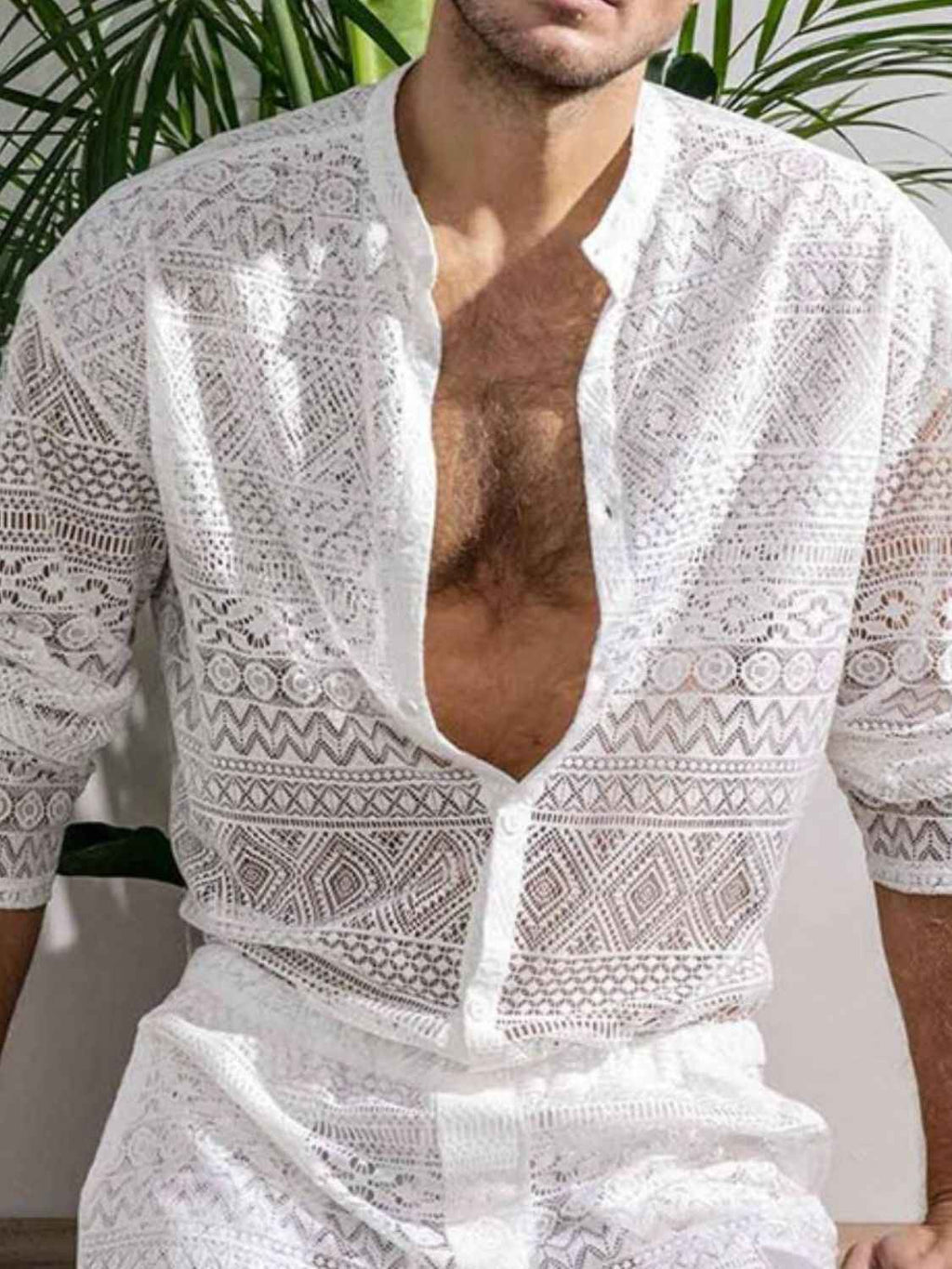 Men's Full Size Lace Button Down Top and Shorts Set Plus Size - Damned Threads