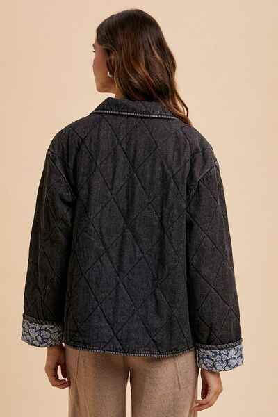 Annie Wear Quilted Printed Lining Snap Down Denim Jacket - Damned Threads