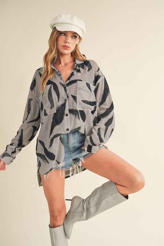 Aemi + Co High-Low Printed Button Up Long Sleeve Shirt - Damned Threads