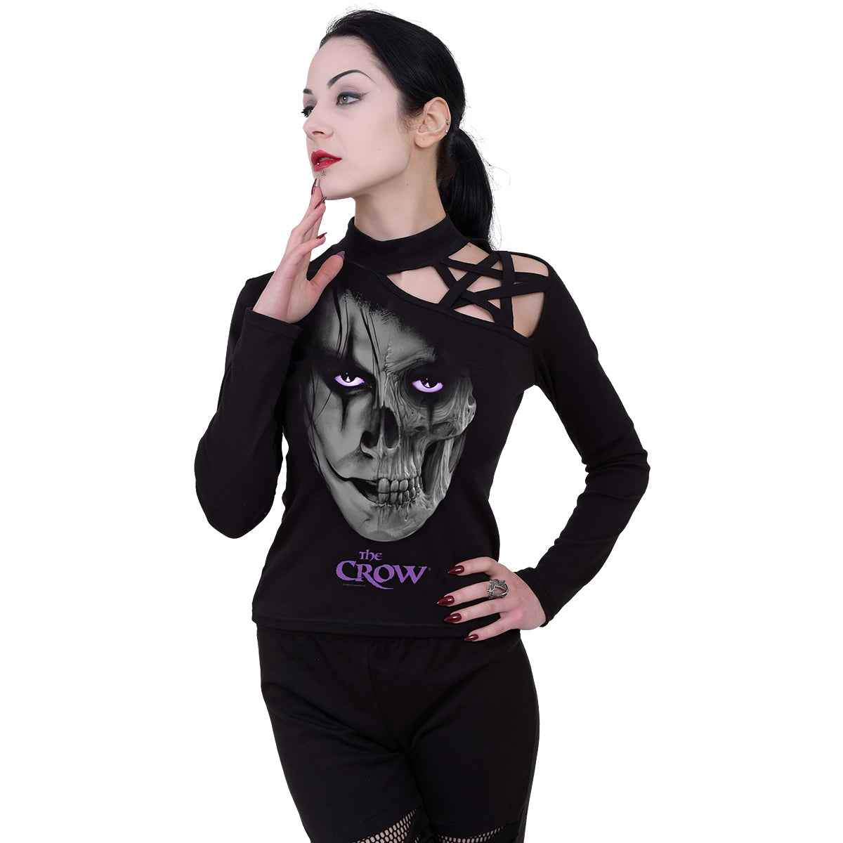 THE CROW - SKULL FACE - Pentagram Shoulder Longsleeve Top - Damned Threads