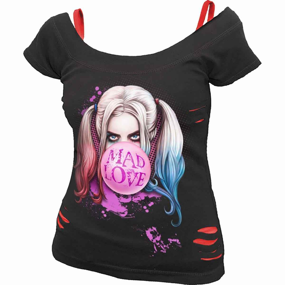 HARLEY QUINN - MAD LOVE - 2in1 Red Ripped Top Black - Damned Threads