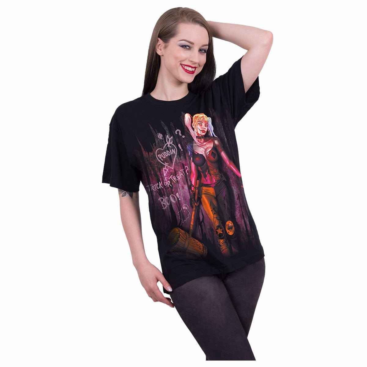 HARLEY QUINN - TRICK OR TREAT - Front Print T-Shirt Black - Damned Threads