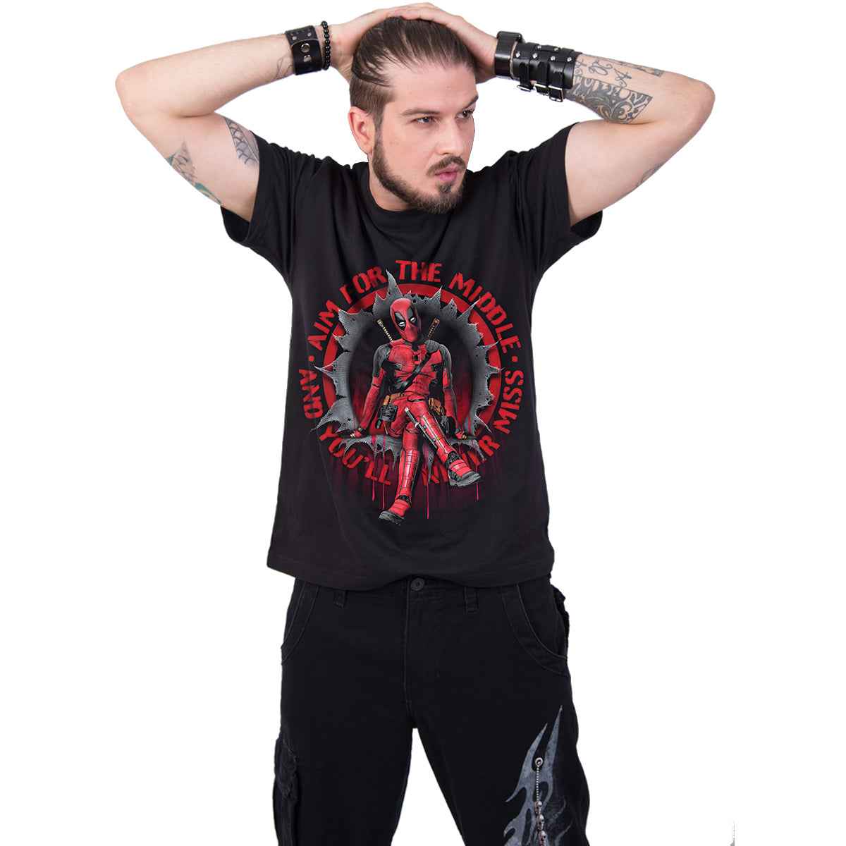 DEADPOOL - AIM FOR THE MIDDLE - Front Print T-Shirt Black - Damned Threads