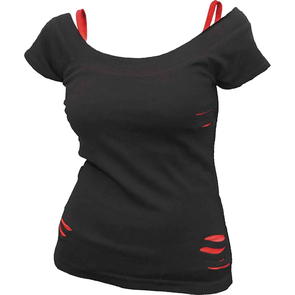 URBAN FASHION - 2in1 Red Ripped Top Black - Damned Threads