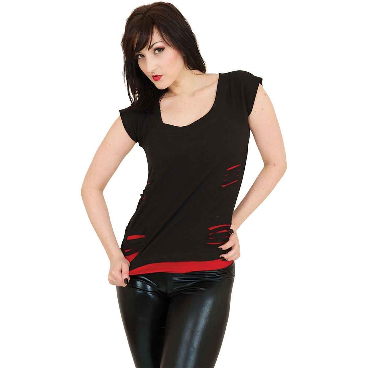 URBAN FASHION - 2in1 Red Ripped Top Black - Damned Threads