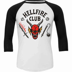STRANGER THINGS 4 - HELLFIRE CLUB CREST - Raglan Contrast 3/4 Longsleeve Black & White - Damned Threads