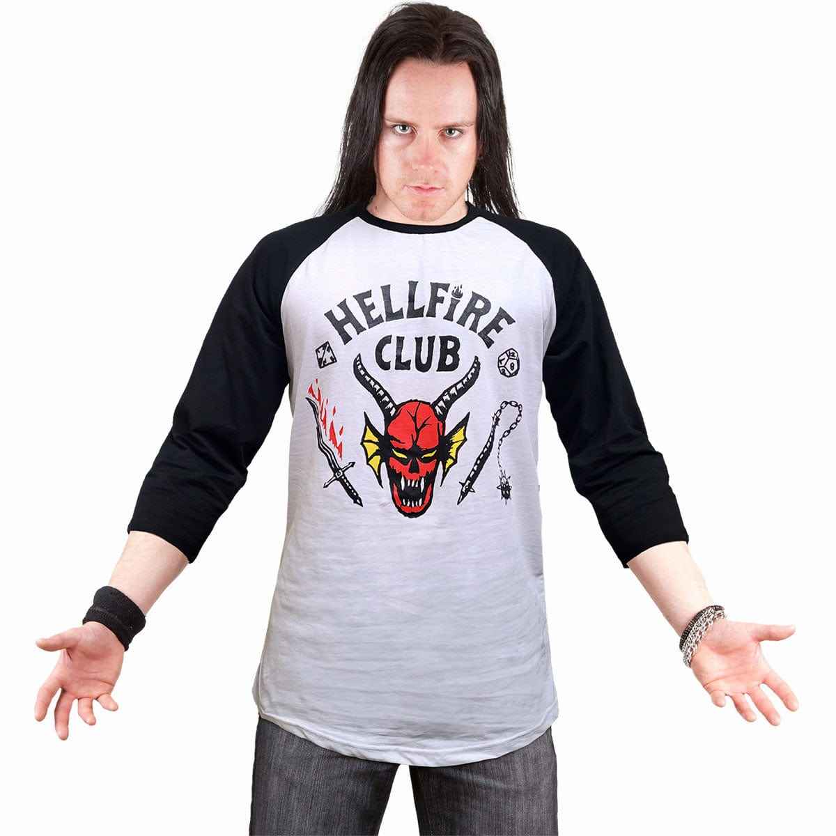 STRANGER THINGS 4 - HELLFIRE CLUB CREST - Raglan Contrast 3/4 Longsleeve Black & White - Damned Threads