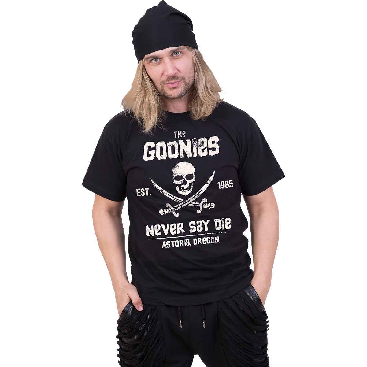 THE GOONIES - NEVER SAY DIE - Front Print T-Shirt Black - Damned Threads