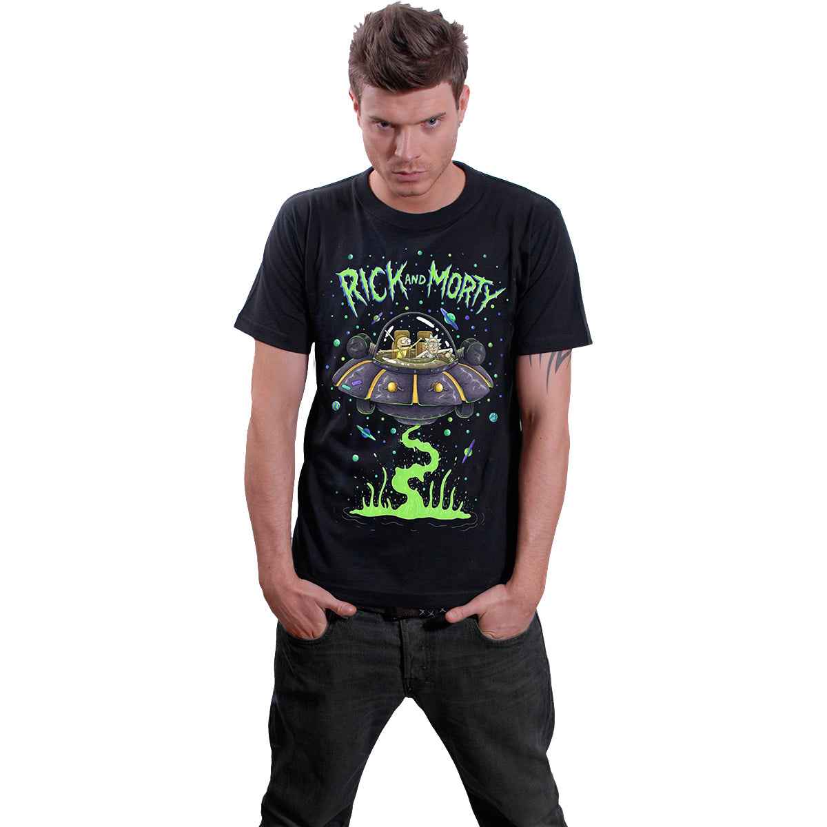 RICK AND MORTY - SPACE CRUISER   - Front Print T-Shirt Black - Damned Threads