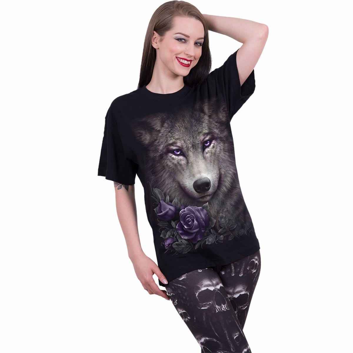 WOLF ROSES - Front Print T-Shirt Black - Damned Threads