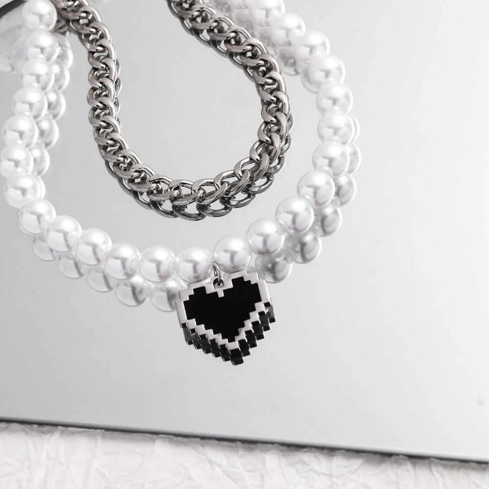 Double-Layer Chain & Pearl Heart Pendant Necklace - Damned Threads