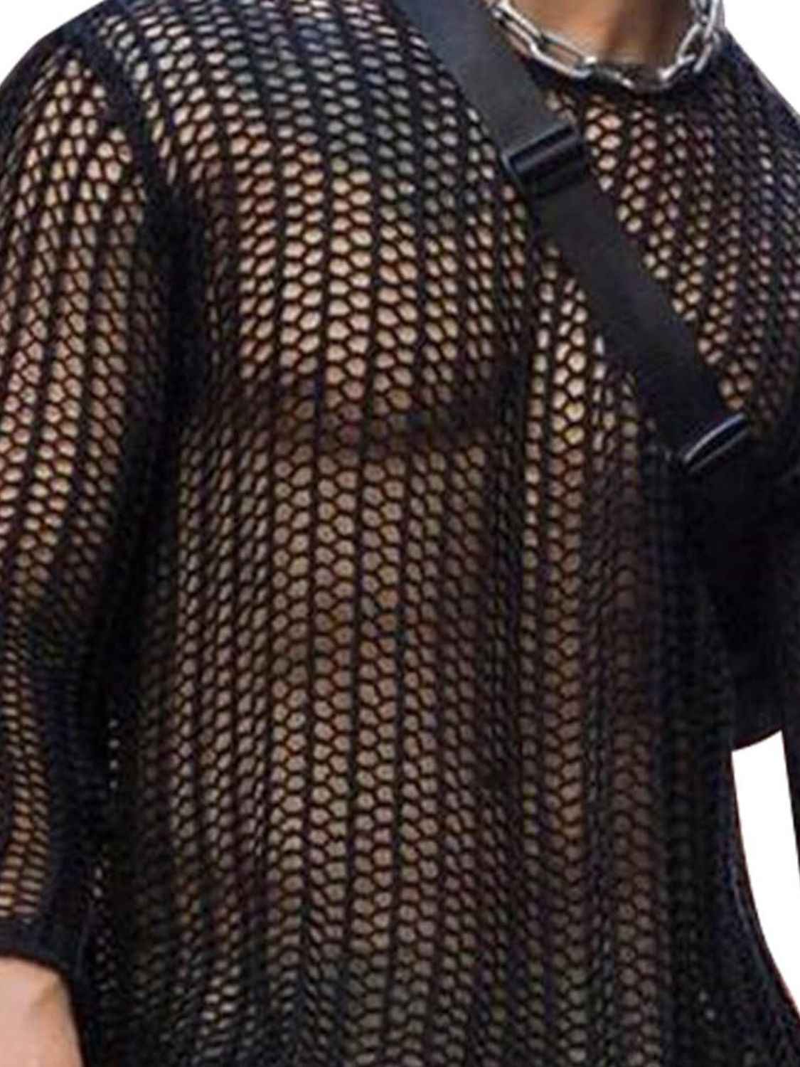 Men's Full Size Hollow Out Round Neck Long Sleeve Top Plus Size - Damned Threads