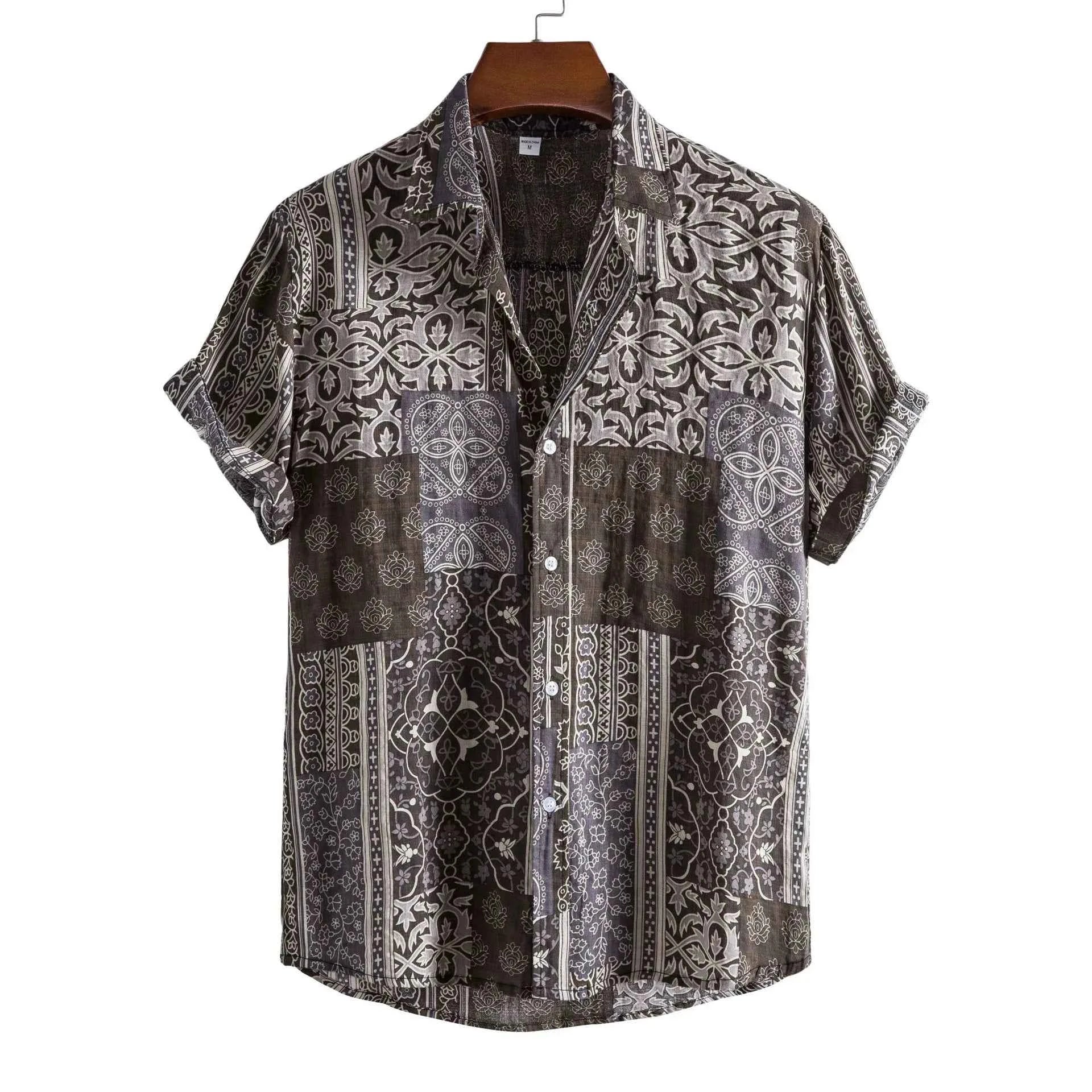 Men's Plus Size Ethnic Print Short Sleeve Button-Up Shirt