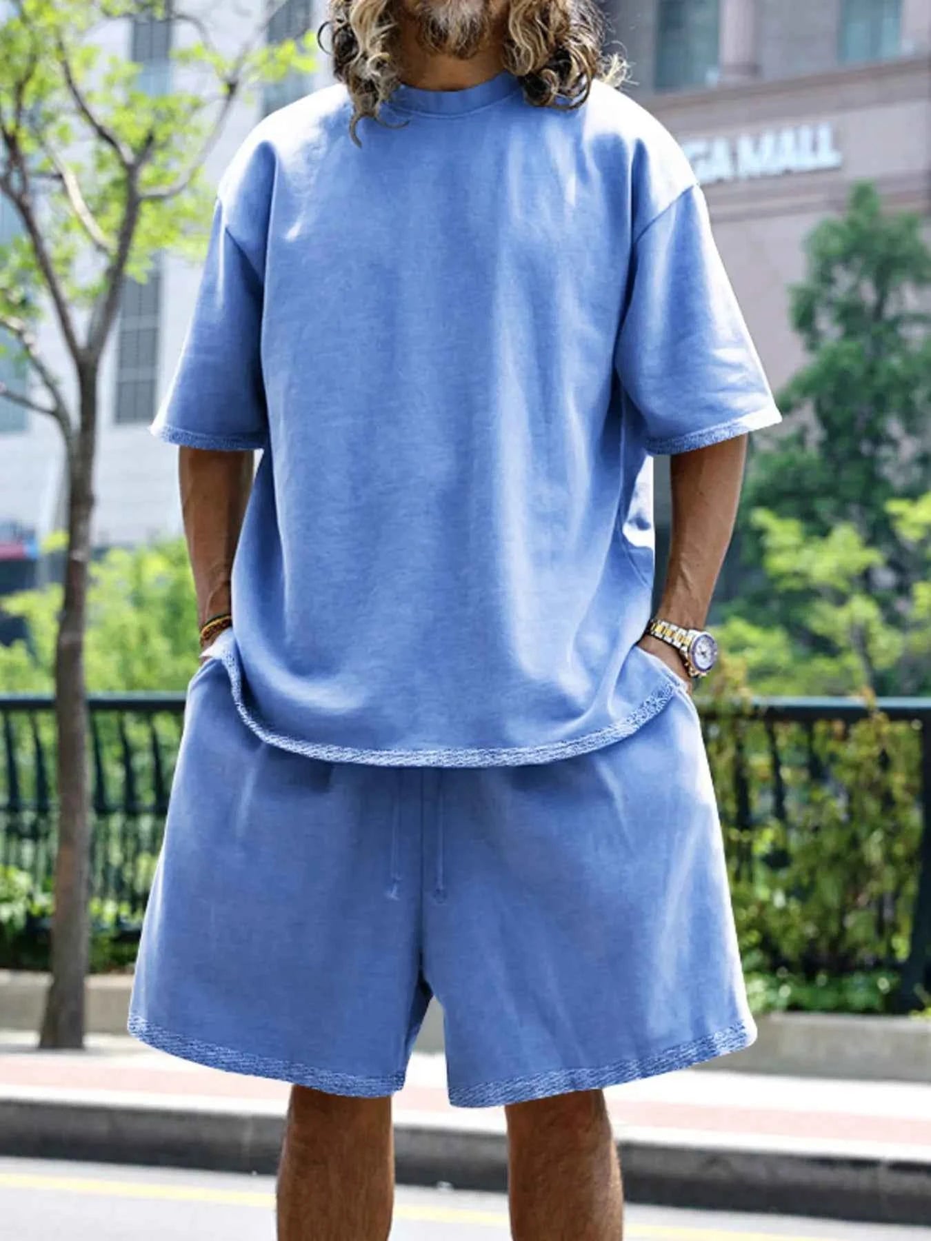 Men's Full Size Round Neck Short Sleeve Top and Shorts Set Plus Size