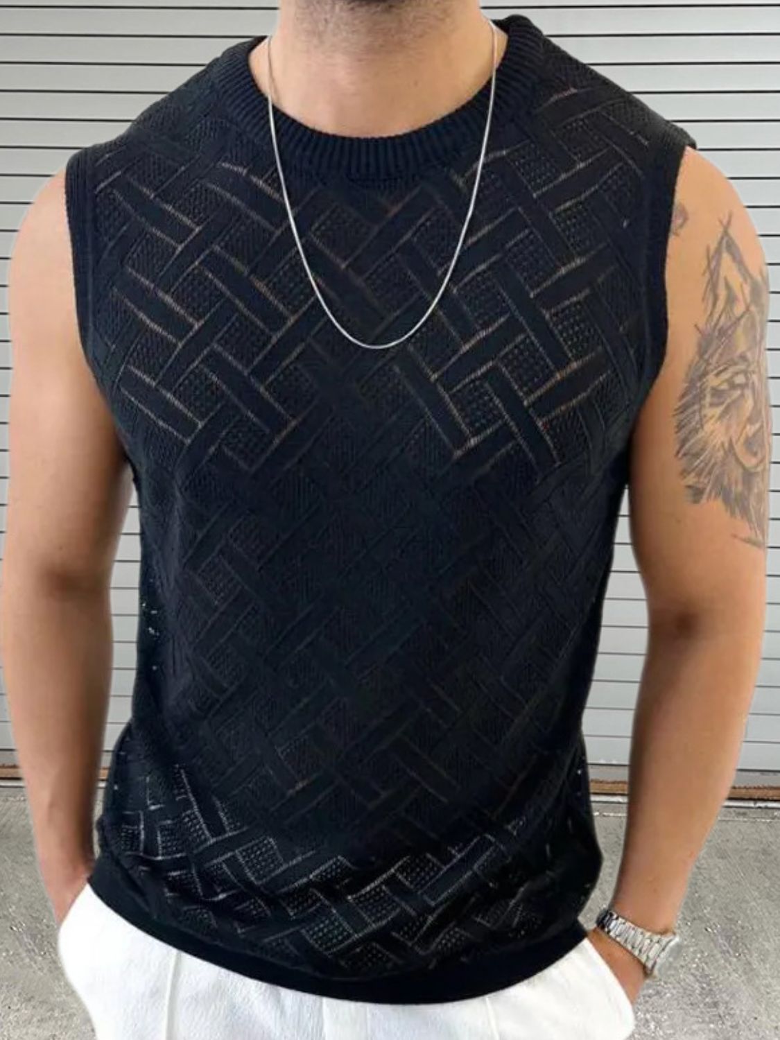 Men's Round Neck Sleeveless Eyelet Knit Top - Damned Threads