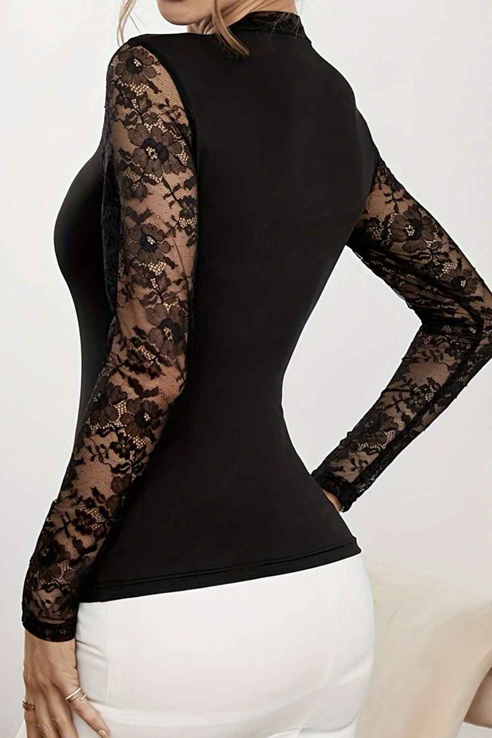 Lace Patchwork Mock Neck Long Sleeve Blouse - Damned Threads