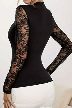 Lace Patchwork Mock Neck Long Sleeve Blouse - Damned Threads