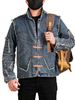 Men's Plus Size Studded Denim Jacket with Frayed Details