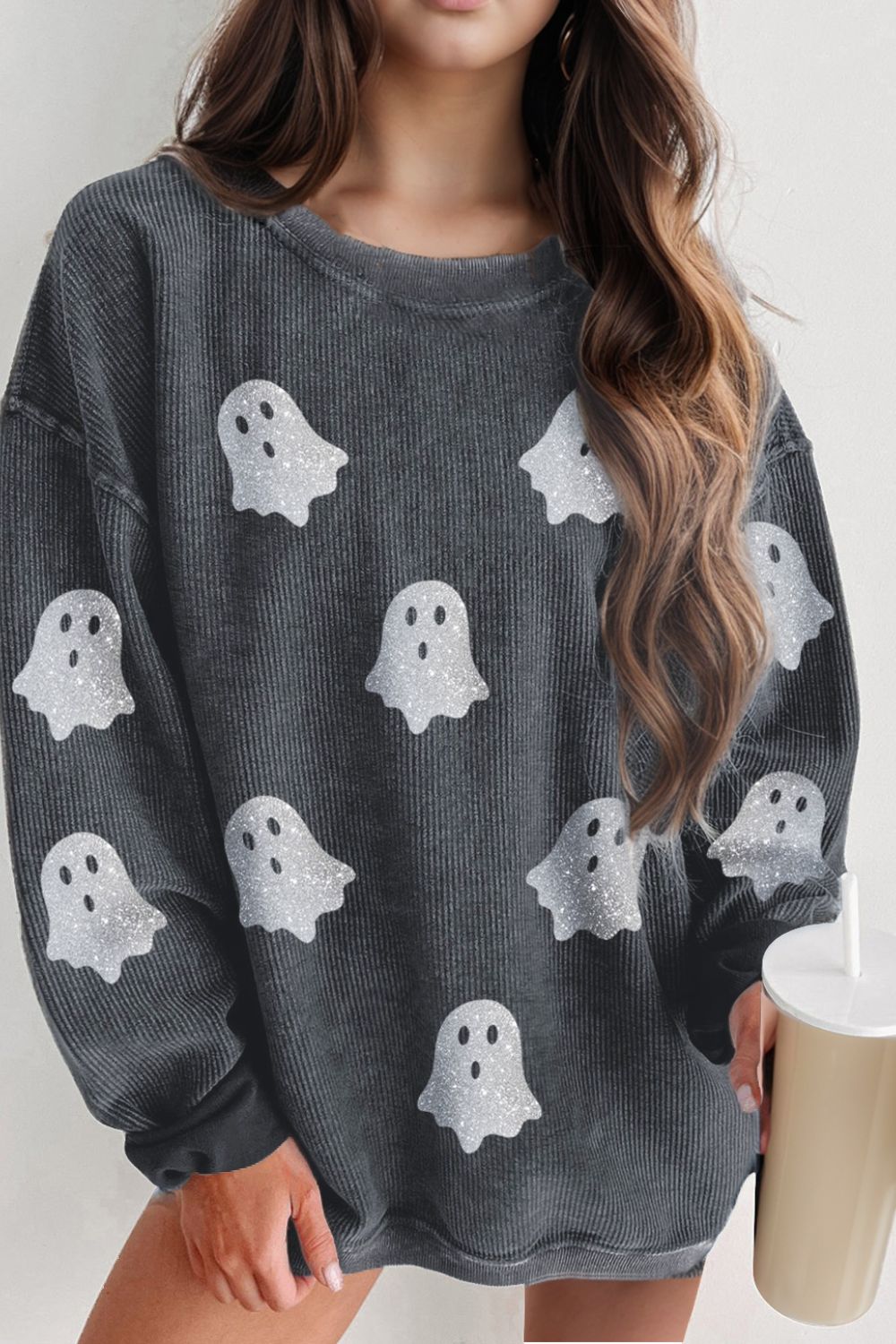 Glitter Ghost Round Neck Long Sleeve Sweatshirt - Damned Threads