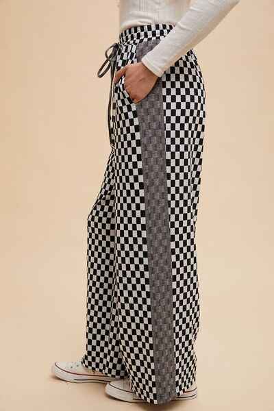 Annie Wear Drawstring Checkered Wide Leg Pants - Damned Threads