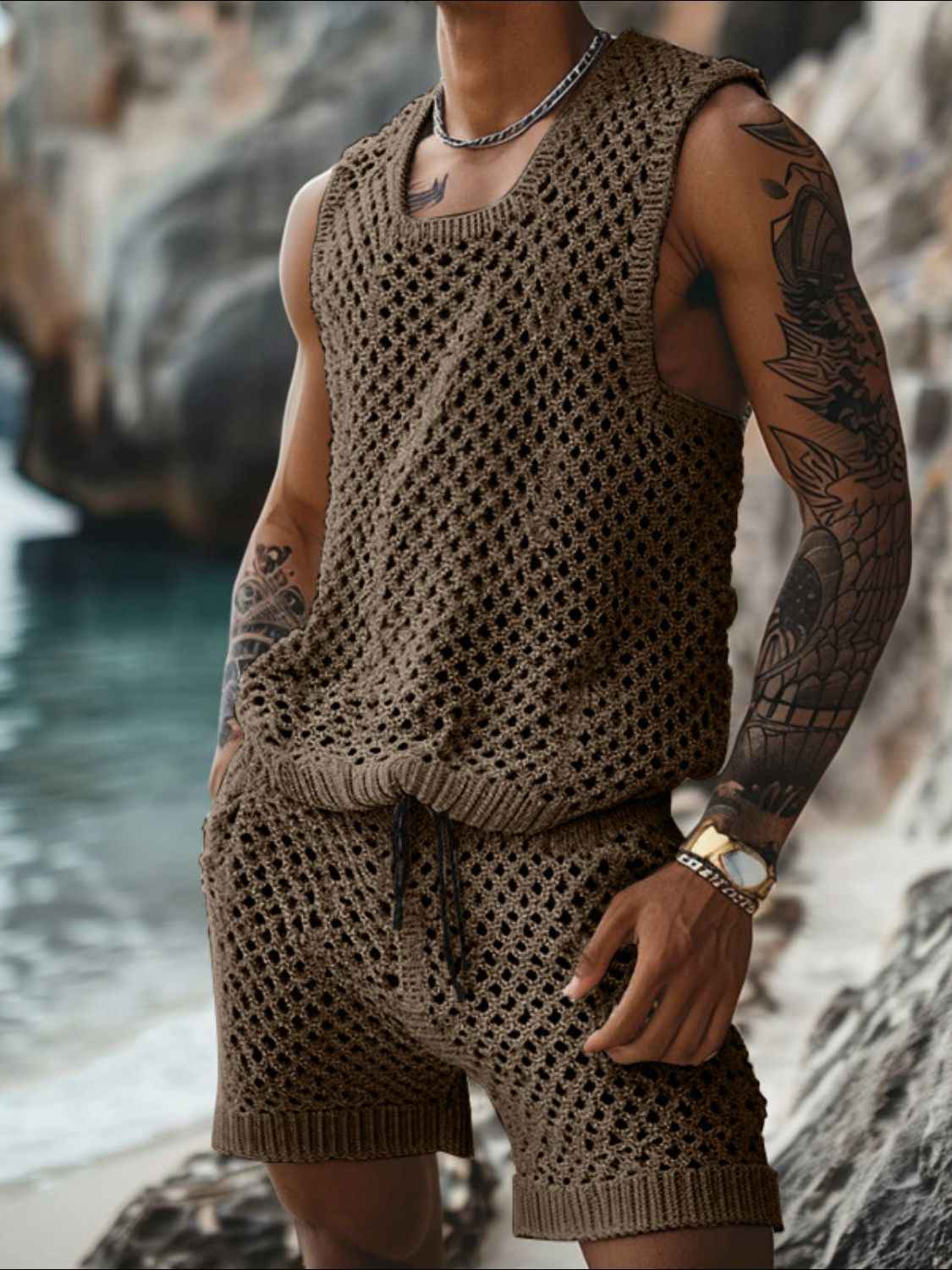 Men's Plus Size Hollow Out Round Neck Tank and Shorts Set - Damned Threads