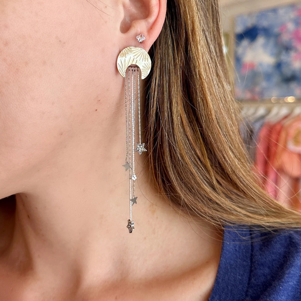 18K Gold Moon & Star Earrings With Star Tassels - Damned Threads